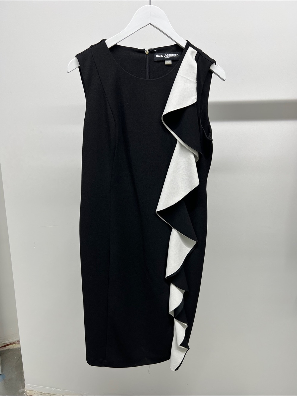 Karl Lagerfeld Black Sheath Dress with White Ruffle